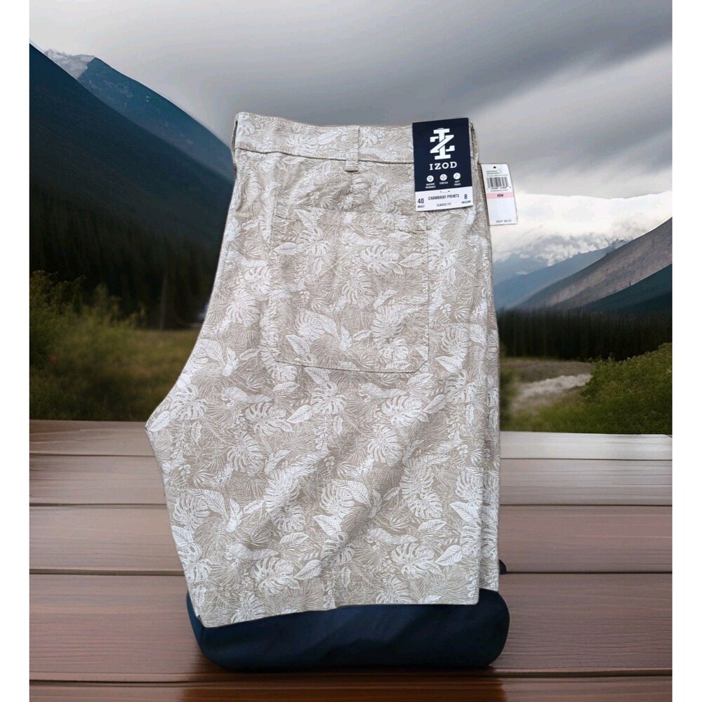 IZOD CLASSIC FIT CHAMBRAY PALMS PRINT STRETCH COTTON SHORTS MENS 40x8 Inseam NWT